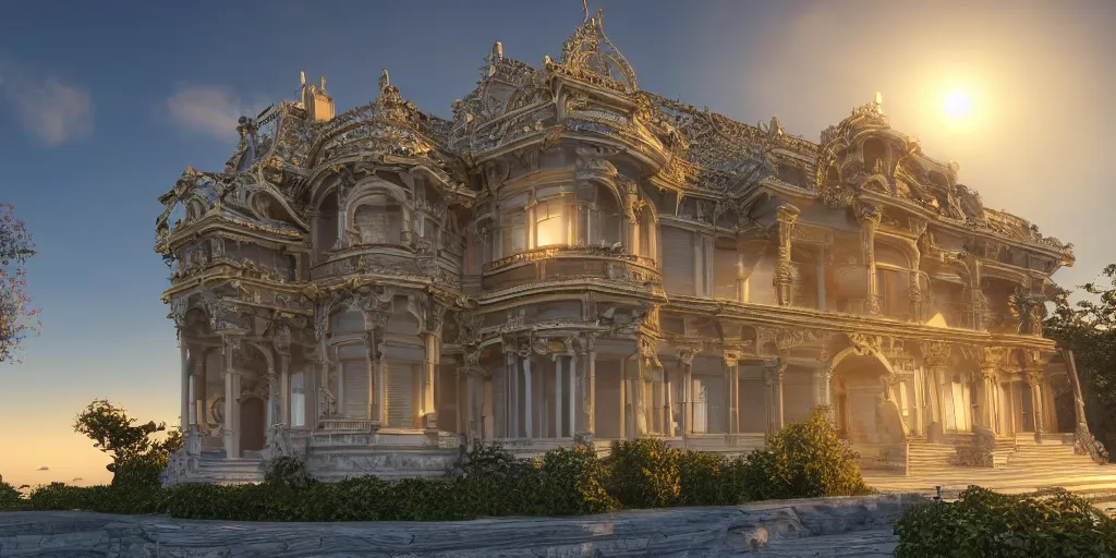 Image similar to extremely detailed ornate stunning sophisticated beautiful house, stunning volumetric light, sunset, concrete and translucent material, stunning skied, 8k