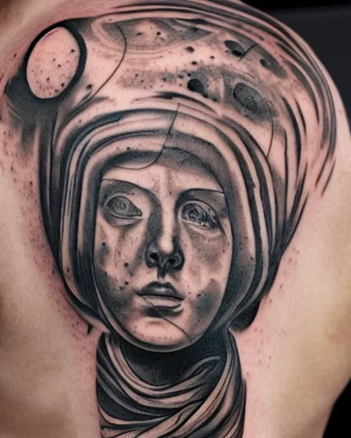 Image similar to planets on the top of a broken renaissance head statue, realism tattoo design, hyper - realistic, in the style of tony santos