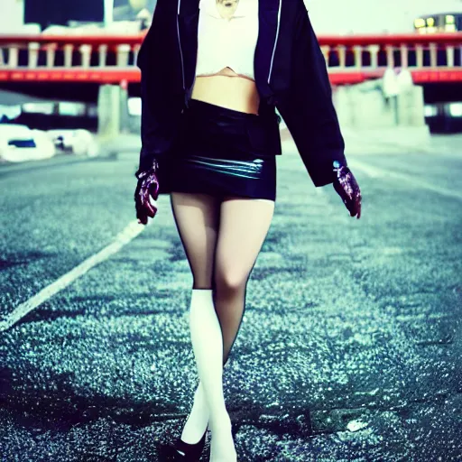 Prompt: a dynamic, epic cinematic 8K HD movie shot of a japanese beautiful cute young J-Pop idol actress yakuza rock star girl wearing shirt, miniskirt, pantyhose, high heels and gloves. Motion, VFX, Inspirational arthouse, at Behance, with Instagram filters