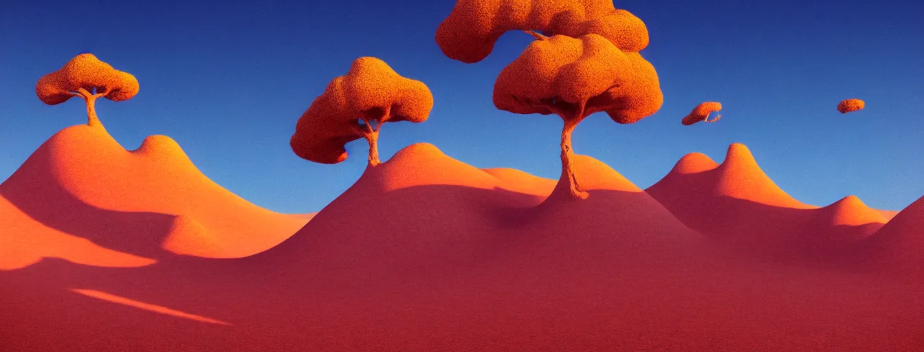 Prompt: a gorgeous of a hill surrounded by barren blue desert, statues of towering blue woman scattered in the sand by barlowe wayne maxfield parrish and marco mazzoni. tree no leaf!!!! china mountain village!! blue and very little light verdancy. towering clouds. ultra clear detailed. 3 d, octane render. turbulent blood lake.