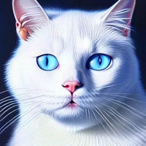 Image similar to epic professional oil painting of a white cat with light blue eyes, epic, stunning, gorgeous, intricate detail, much wow, 4K, masterpiece