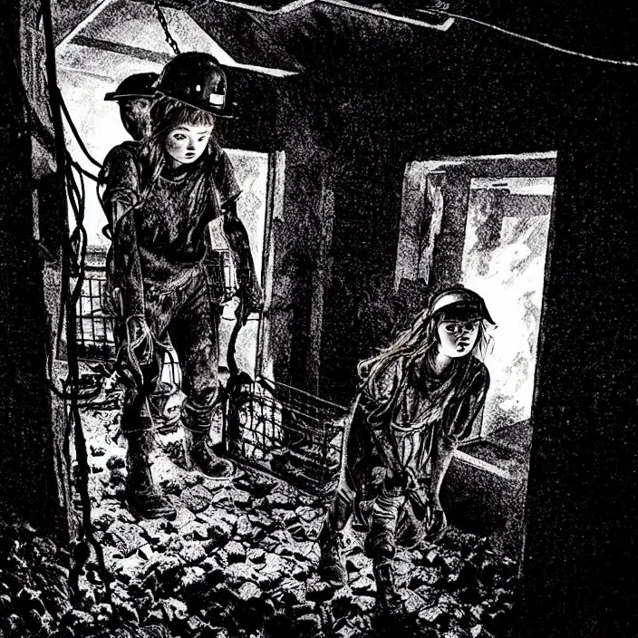 Image similar to tired sadie sink as a miner emerges out of the dark coal mine. storyboard, scifi cyberpunk. by gabriel hardman, joe alves, chris bonura. cinematic atmosphere, detailed and intricate, perfect anatomy