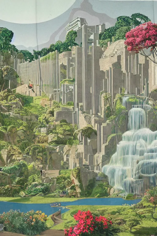 Image similar to mecha robot, hanging gardens of babylon, temple of artemis at ephesus, waterfalls, blooming hills with spring flowers and pillars by helen lundeberg