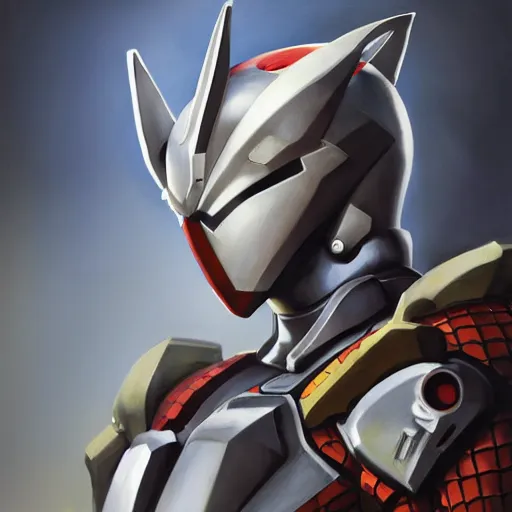 Image similar to greg manchess portrait painting of armored spiderman ultraman grey fox from metal gear cyborg gay japanese - american hybrid as overwatch character, medium shot, asymmetrical, profile picture, organic painting, sunny day, matte painting, bold shapes, hard edges, street art, trending on artstation, by huang guangjian and ail elvgren and sachin teng