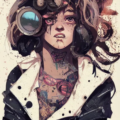 Image similar to highly detailed portrait of a sewer punk lady, tartan hoody, white ringlet hair by atey ghailan, by greg rutkowski, by greg tocchini, by james gilleard, by joe fenton, by kaethe butcher, gradient peach, brown, blonde cream and white color scheme, grunge aesthetic!!! ( ( graffiti tag wall background ) )