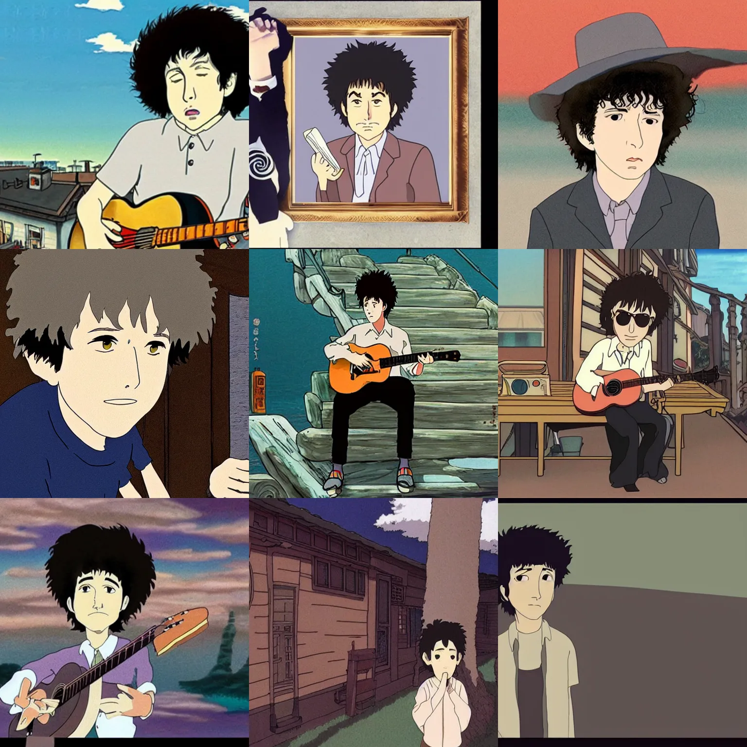 Prompt: bob dylan in spirited away, studio ghibli, miyazaki style, animation