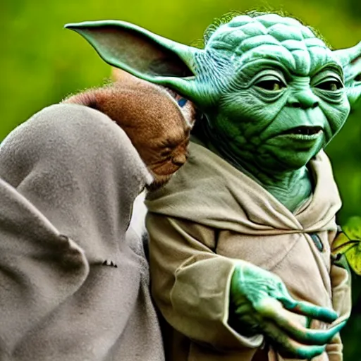 Image similar to a civilization of members of Yoda's species interacting with eachother on their home planet, award winning national geographic photo