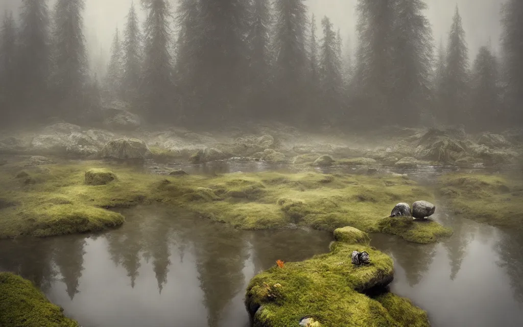 Prompt: a rock in a pond in the middle of the forest, fir trees, moss, fog, dramatic atmosphere, highly detailed, cinematic lighting, perfect composition artem demura