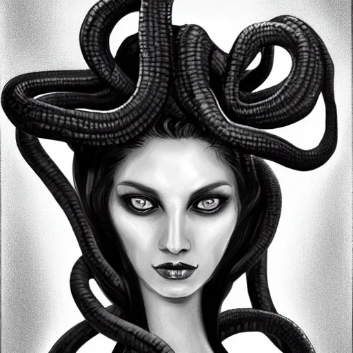 Image similar to medusa portrait painting, black and white, wicked grin, artstation, detailed, blurred background