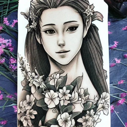 Prompt: high quality art of aerith gainsborough with tattoos, in front of flowers in church, trending on artstation