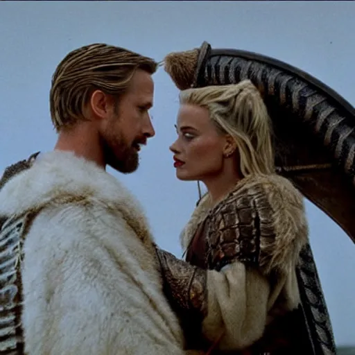 Image similar to still of ryan gosling and margot robbie, in a viking movie ( 1 9 8 6 )