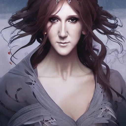 Image similar to charming character celine dion from video game genshin impact, dark aesthetic, intricate, elegant, sharp focus, illustration, highly detailed, digital painting, concept art, matte, art by wlop and artgerm and greg rutkowski and jae lee, masterpiece