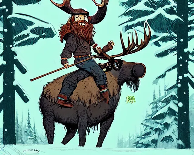 Prompt: cell shaded cartoon of a hairy chebo viking riding a moose, snowy forest, subtle colors, post grunge, concept art by josan gonzales and wlop, by james jean, victo ngai, david rubin, mike mignola, deviantart, art by artgem