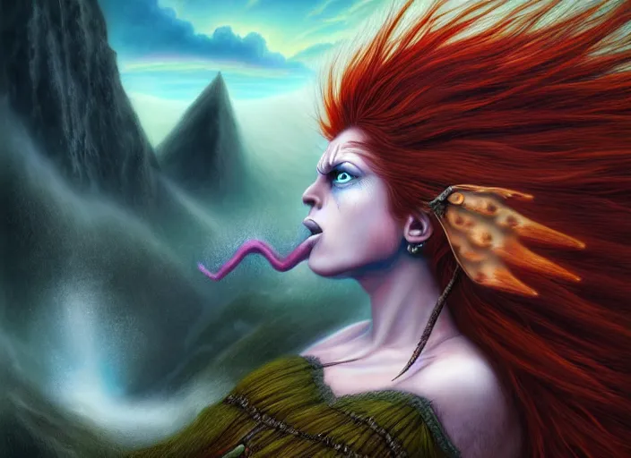 Prompt: realistic detailed image of a female Amazon warrior auburn hair blowing in an angry, stormy mountain top, anime art, anime, inspired by Mark Ryden and H.R. Giger and Zdzislaw Beksinski, gothic, rich deep colors. A masterpiece.