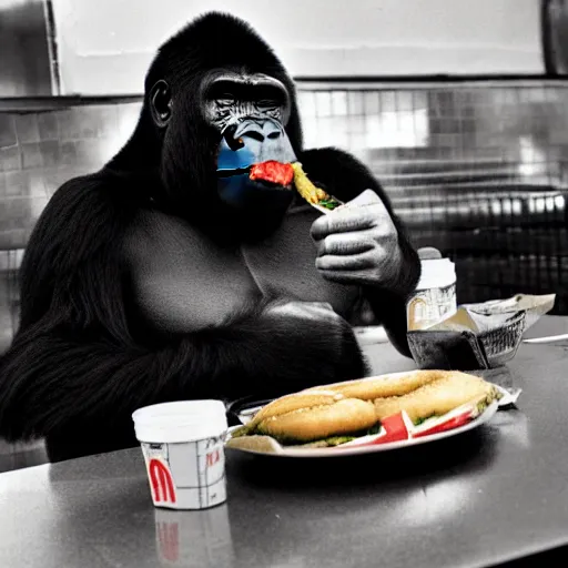 Image similar to 35mm photo of a gorilla eating a burger inside a McDonald's joint