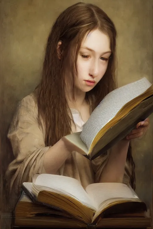 Image similar to a girl reading a book, hair flowing down, oil on canvas, intricate, 8 k highly professionally detailed, hdr, cgsociety