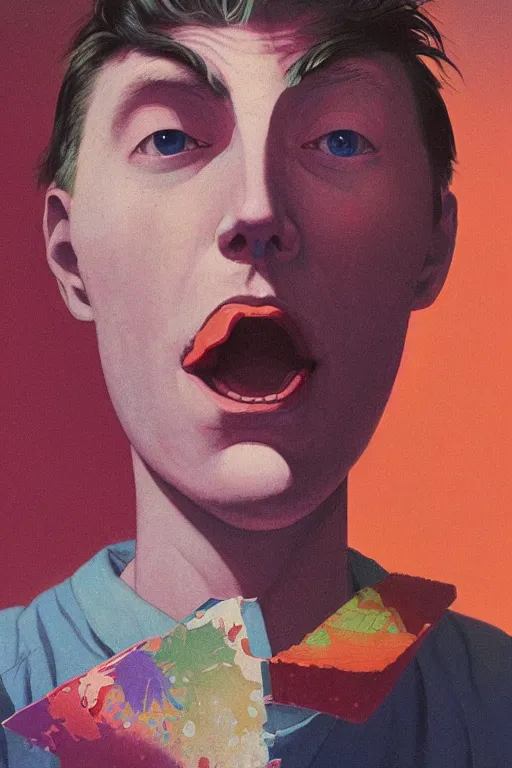 Image similar to a scifi closeup portrait of a young british man licking a blotter paper of LSD acid on his tongue and dreaming psychedelic hallucinations in cosmos, by kawase hasui, moebius, Edward Hopper and James Gilleard, Zdzislaw Beksinski, Steven Outram colorful flat surreal design, hd, 8k, artstation