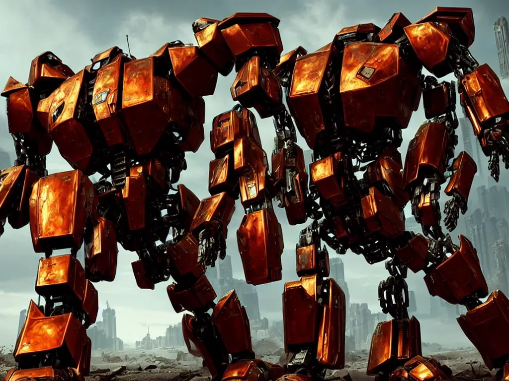 Image similar to a shiny ornate boxing humanoid mecha in ruin city, victory, bright, by war robots, real steel ( 2 0 1 1 ), westworld and eve venture and pacific rim and machine warrior 5, cryengine, frostbite 3 engine, scarlet and yellow scheme, sharp focus, 8 k, high definition, insanely detailed, soft lighting, smooth face