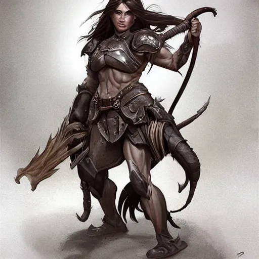 Image similar to “Tomboy Athletic Muscular female draft centaur with dark long hair and rounded features, wears leather armor, D&D, fantasy, intricate, cinematic lighting, highly detailed, digital painting, artstation, concept art, smooth, sharp focus, illustration, art by Artgerm and Greg Rutkowski and Alphonse Mucha, picture from the waist up”