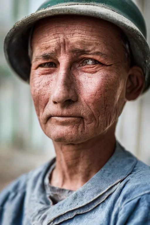 Image similar to color photo of a 1 9 2 0 factory worker portrait, worn face, tired expression canon ef 8 5 mm f / 1. 4 l is usm