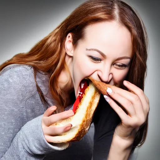 Prompt: realistic studio portrait photo, model eating an absolutely giant sandwich, mouth wide open