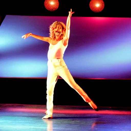 Prompt: Meg Ryan dancing a hip hop routine on stage with cool lighting