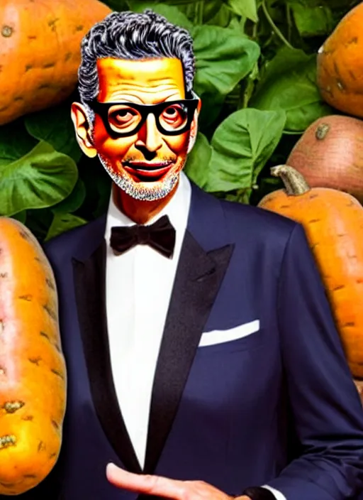 Prompt: jeff goldblum dressed up in a sweet potato