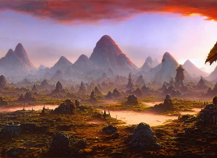 Image similar to The ash lands of Morrowind by Bruce Pennington, fantasy landscape, oil painting, 8k, featured on artstation, elegant, intricate