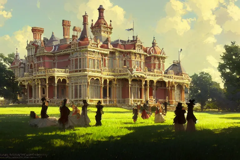 Prompt: an ornate victorian palace, party in front, scene in an open field. 1 8 9 0, key visual, conceptart, ambient lighting, highly detailed, digital painting, artstation, concept art, sharp focus, by makoto shinkai and akihiko yoshida and greg manchess