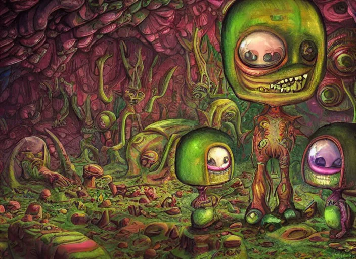 Image similar to 👽👾 aliens, in a beautiful cave, lowbrow, amazing colorful background, digital art, concept art, in the style of mark ryden, 3 - d 4 k,