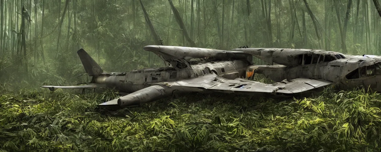 Image similar to an intricate concept art of a crashed military plane in the middle of a bamboo jungle, artstation, sci - fi, hyper realistic, concept art, art by dylan cole, cinematic lighting, octane render