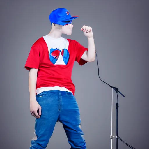 Prompt: a portrait of an average white teenage boy with blue colored hair, wearing a red backwards cap, white t - shirt with a red no symbol on it, blue long pants and red shoes, holding a microphone on a stage, studio lighting, photoshoot