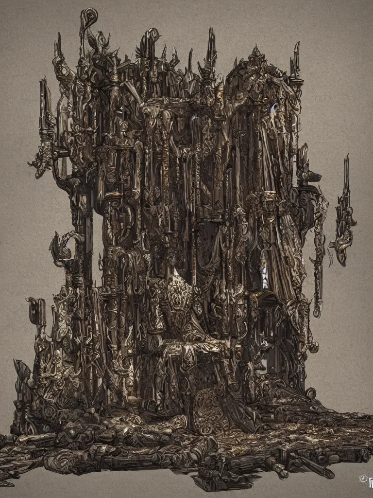 Prompt: throne made of rifles, shotguns, revolvers and bullets in a medieval castle, ultrarealistic, intricate details, 4k, concept art, dark fantasy