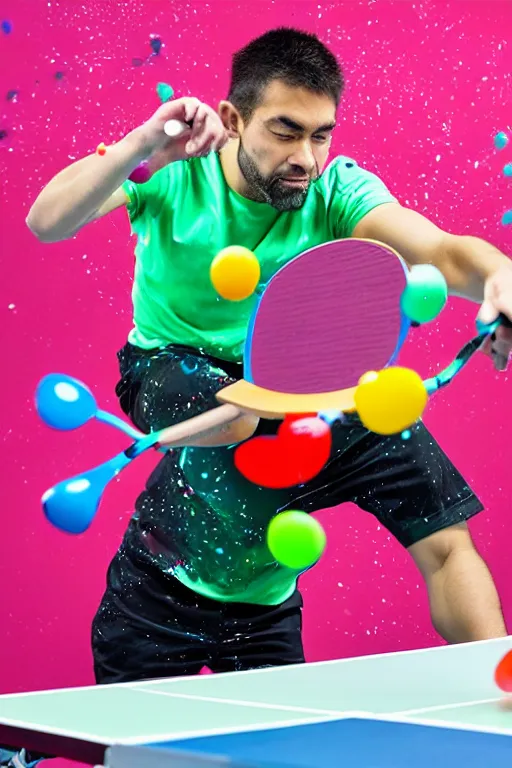 Prompt: man playing table tennis, paddle and ball, colorful paint splatters