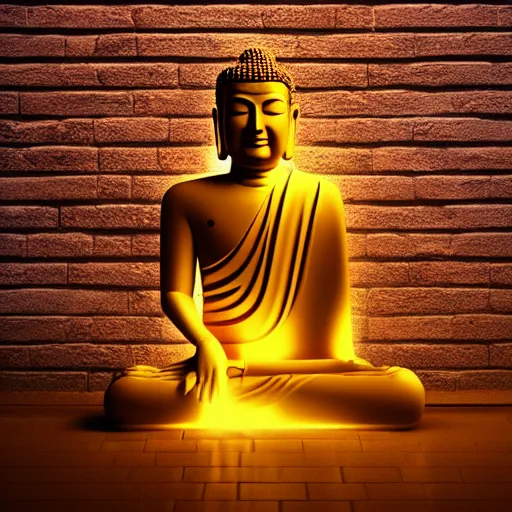 Image similar to neon light Buddha, neon tube Buddha, brick wall background, octane render