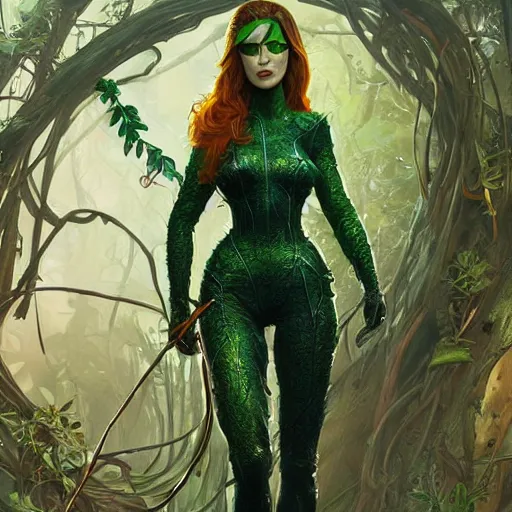 Image similar to full figure ultra realistic illustration, evan rachel wood as poison ivy wearing futuristic armor made of plants, highly detailed, digital painting, artstation, concept art, smooth, sharp focus, illustration, art by artgerm and greg rutkowski and alphonse mucha