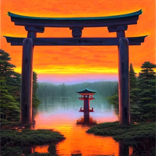 Image similar to torii gate in middle of a lake, portrait art by donato giancola and james gurney, digital art, rich vivid colors, ambient lighting, dynamic lighting, 4 k, official media, anime key visual, makoto shinkai, ilya kuvshinov, lois van baarle, rossdraws, detailed, trending on artstation