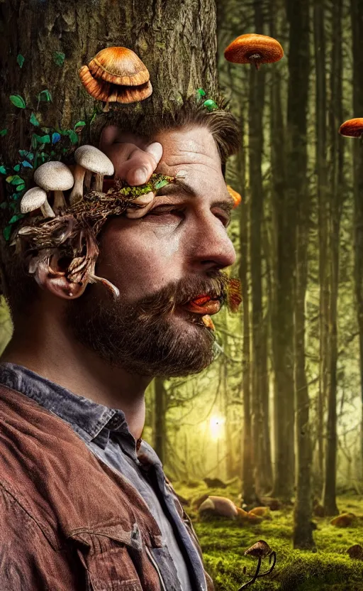 Image similar to realistic colorful photo portrait of man with mushrooms growing on his face, illuminated forest in the background full light, ultra rendered extreme realism and detail, 8 k, highly detailed, realistic, photorealistic,