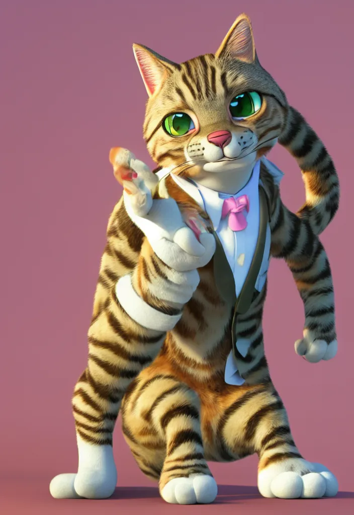 Image similar to 3d render , anthropomorphic male tabby cat,wearing a pink tux ,style of Zootopia, 8K HD Resolution, High quality image