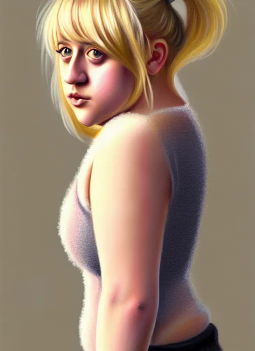 Prompt: full body portrait, teenage lili reinhart, blonde hair, obese, bangs, ponytail, sultry, realistic, sweater, fluffy bangs, fully clothed, curly bangs, fat, belly, intricate, elegant, highly detailed, digital painting, artstation, concept art, smooth, sharp focus, illustration, art by wlop, mars ravelo and greg rutkowski