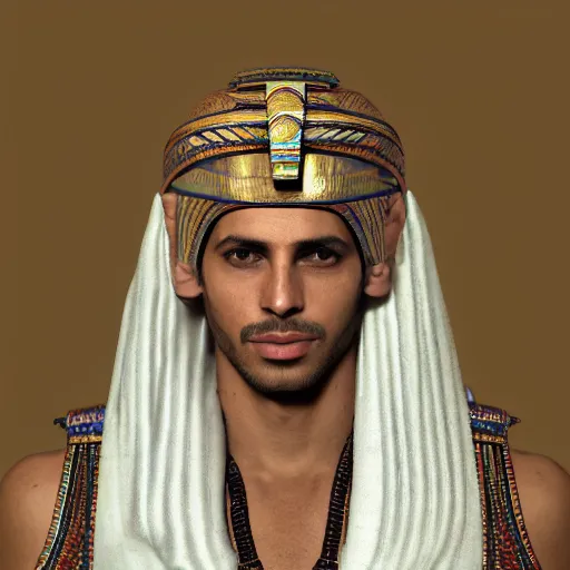 Image similar to a man in egyptian clothing wearing rings and jewlery on his neck, 8k resolution, serene, photorealistic, digital art, hyperdetailed, Unreal Engine, dynamic lighting, ultra detailed, trending on art station, concept art, stunning visuals, extreme detail