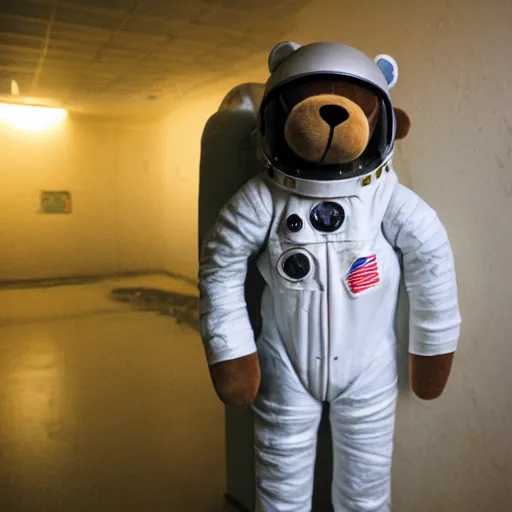 Prompt: lomo photo of teddy bear in spacesuit staying in front of abandoned hospital, dark, moody, foggy, gloomy.