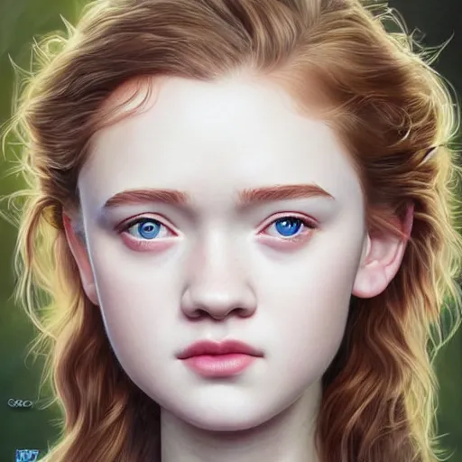 Image similar to portrait of a hybrid of julia garner and sadie sink, photo realistic, highly detailed, perfect face, art by artgerm