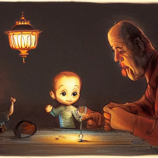 Prompt: a young child playing with a lantern while their parents enjoy a glass of wine, by joe fenton and mark rothko, style of concept art world, crimson