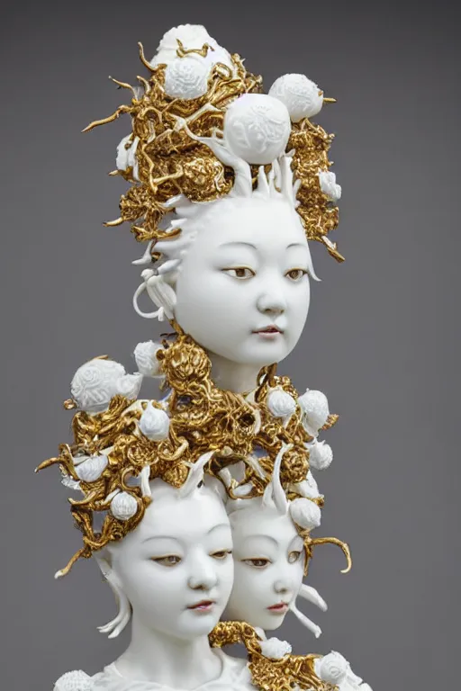 Prompt: full head and shoulders, beautiful female white, porcelain sculpture, with ornate willow china pattern, lots of ornate gold leaf 3 d japanese dragons attached to head by daniel arsham and james jean, on a white background, delicate facial features, white eyes, white lashes,