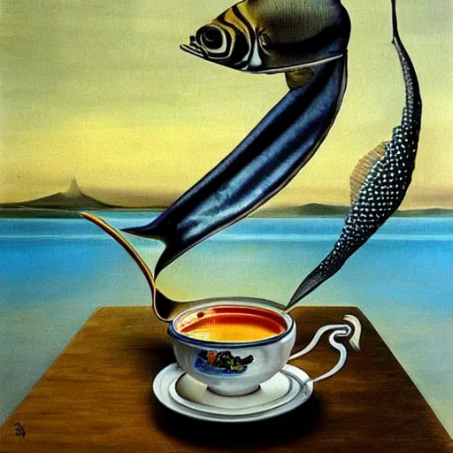 Image similar to a real fish is drinking from a cup of tea, photorealism, by salvador dali