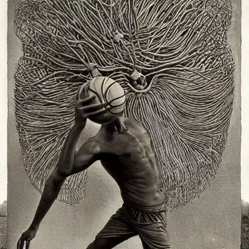 Prompt: corn man playing basketball, by zdzislaw beksinski and ernst haeckel