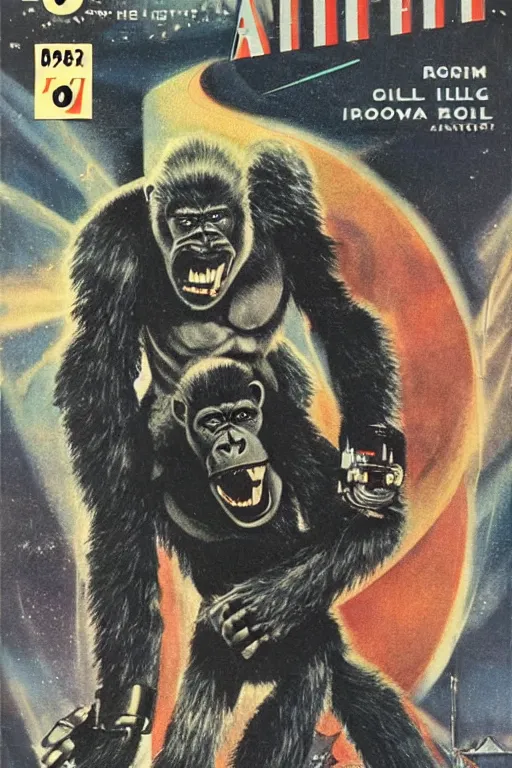 Prompt: a dark retro sci-fi paperback cover from 1967 showing a robot gorilla