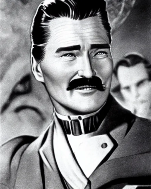 Image similar to Errol Flynn as a scientist. 1980s dystopian Soviet Russia, propaganda screens. Unreal engine, fantasy art. Faithfully depicted facial expression, perfect anatomy global illumination, radiant light, detailed and intricate environment