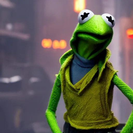 Prompt: Kermit the Frog, from Blade Runner 2049